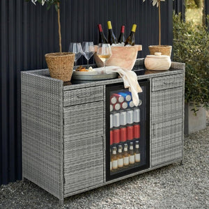 English Elm K&k Outdoor PE Rattan Bar Cabinet with Fridge Cavity Wine Racks and Tempered Glass Top Grey N707P414764G