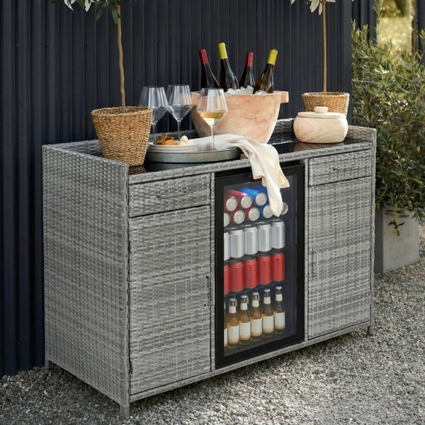 English Elm K&k Outdoor PE Rattan Bar Cabinet with Fridge Cavity Wine Racks and Tempered Glass Top Grey N707P414764G