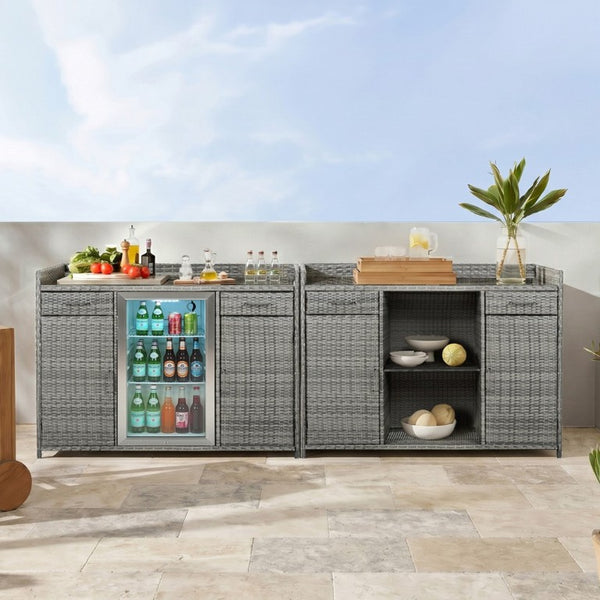 English Elm K&k Outdoor PE Rattan Bar Cabinet with Fridge Cavity Wine Racks and Tempered Glass Top Grey N707P414764G