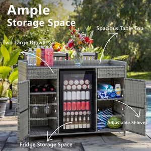 English Elm K&k Outdoor PE Rattan Bar Cabinet with Fridge Cavity Wine Racks and Tempered Glass Top Grey N707P414764G