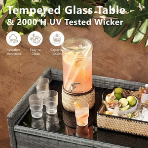 English Elm K&k Outdoor PE Rattan Bar Cabinet with Fridge Cavity Wine Racks and Tempered Glass Top Grey N707P414764G