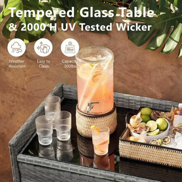 English Elm K&k Outdoor PE Rattan Bar Cabinet with Fridge Cavity Wine Racks and Tempered Glass Top Grey N707P414764G