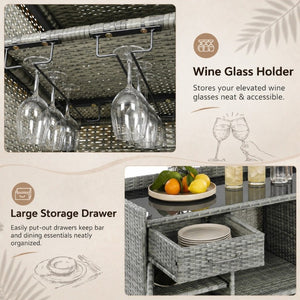 English Elm K&k Outdoor PE Rattan Bar Cabinet with Fridge Cavity Wine Racks and Tempered Glass Top Grey N707P414764G
