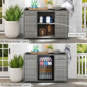 English Elm K&k Outdoor PE Rattan Bar Cabinet with Fridge Cavity Wine Racks and Tempered Glass Top Grey N707P414764G