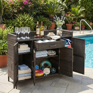 English Elm K&k Outdoor PE Rattan Bar Cabinet with Tempered Glass Top and Adjustable Storage Shelves Black+Brown N707P414781D