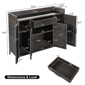 English Elm K&k Outdoor PE Rattan Bar Cabinet with Tempered Glass Top and Adjustable Storage Shelves Black+Brown N707P414781D