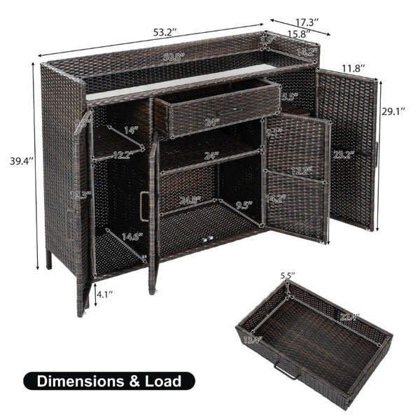 English Elm K&k Outdoor PE Rattan Bar Cabinet with Tempered Glass Top and Adjustable Storage Shelves Black+Brown N707P414781D