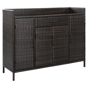 English Elm K&k Outdoor PE Rattan Bar Cabinet with Tempered Glass Top and Adjustable Storage Shelves Black+Brown N707P414781D