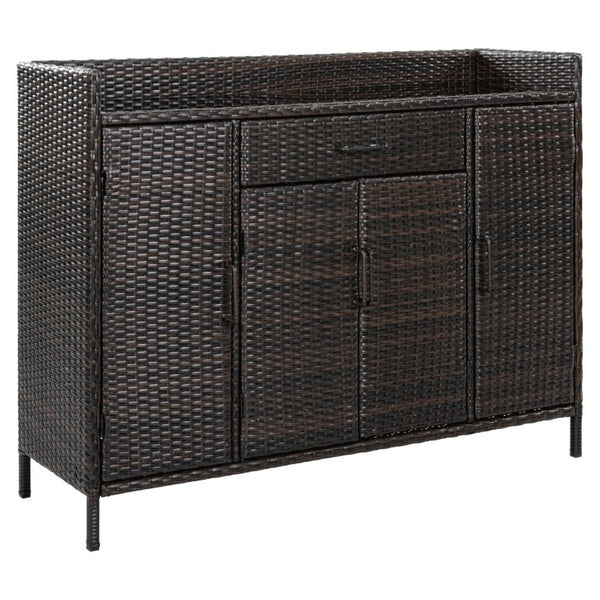 English Elm K&k Outdoor PE Rattan Bar Cabinet with Tempered Glass Top and Adjustable Storage Shelves Black+Brown N707P414781D