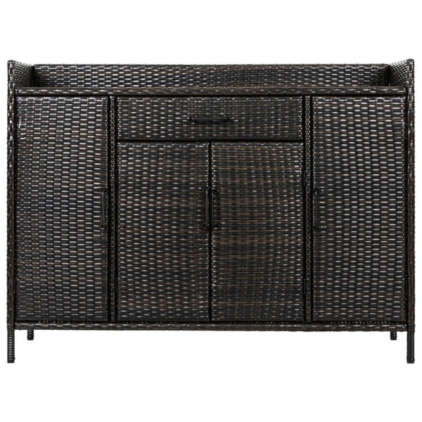 English Elm K&k Outdoor PE Rattan Bar Cabinet with Tempered Glass Top and Adjustable Storage Shelves Black+Brown N707P414781D