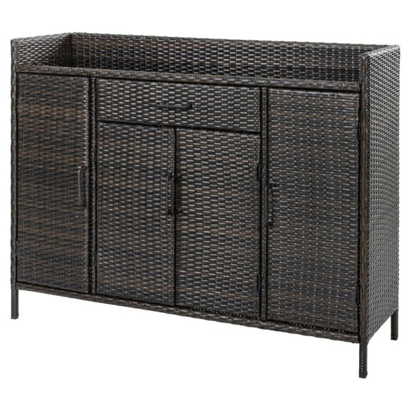 English Elm K&k Outdoor PE Rattan Bar Cabinet with Tempered Glass Top and Adjustable Storage Shelves Black+Brown N707P414781D