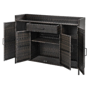 English Elm K&k Outdoor PE Rattan Bar Cabinet with Tempered Glass Top and Adjustable Storage Shelves Black+Brown N707P414781D