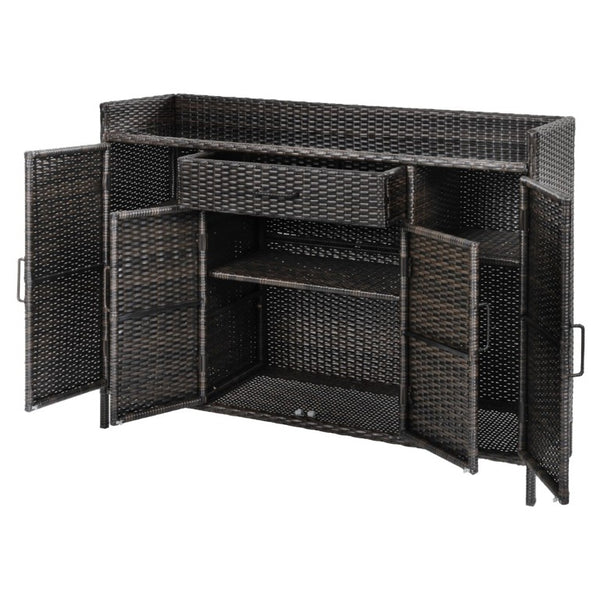 English Elm K&k Outdoor PE Rattan Bar Cabinet with Tempered Glass Top and Adjustable Storage Shelves Black+Brown N707P414781D