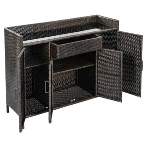 English Elm K&k Outdoor PE Rattan Bar Cabinet with Tempered Glass Top and Adjustable Storage Shelves Black+Brown N707P414781D