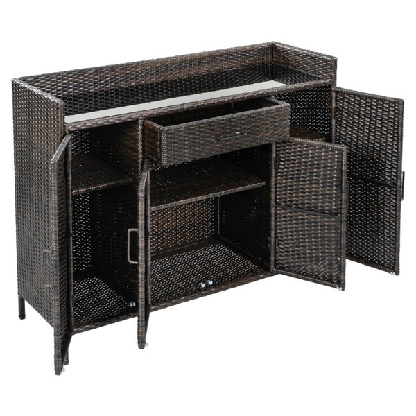 English Elm K&k Outdoor PE Rattan Bar Cabinet with Tempered Glass Top and Adjustable Storage Shelves Black+Brown N707P414781D