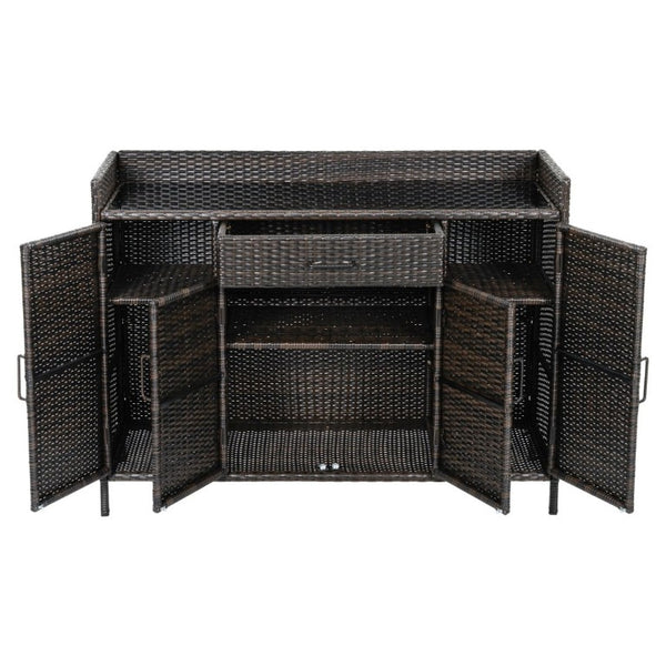 English Elm K&k Outdoor PE Rattan Bar Cabinet with Tempered Glass Top and Adjustable Storage Shelves Black+Brown N707P414781D