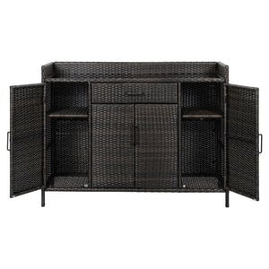 English Elm K&k Outdoor PE Rattan Bar Cabinet with Tempered Glass Top and Adjustable Storage Shelves Black+Brown N707P414781D