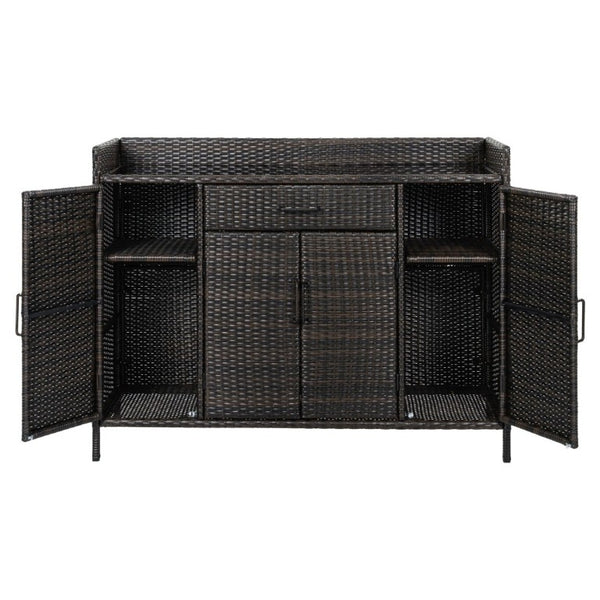 English Elm K&k Outdoor PE Rattan Bar Cabinet with Tempered Glass Top and Adjustable Storage Shelves Black+Brown N707P414781D