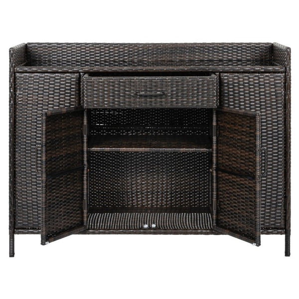 English Elm K&k Outdoor PE Rattan Bar Cabinet with Tempered Glass Top and Adjustable Storage Shelves Black+Brown N707P414781D