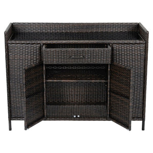 English Elm K&k Outdoor PE Rattan Bar Cabinet with Tempered Glass Top and Adjustable Storage Shelves Black+Brown N707P414781D