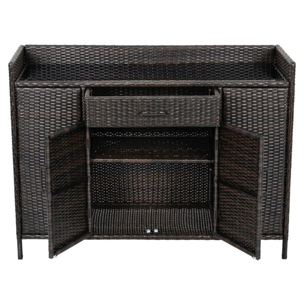 English Elm K&k Outdoor PE Rattan Bar Cabinet with Tempered Glass Top and Adjustable Storage Shelves Black+Brown N707P414781D