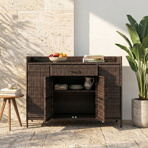 English Elm K&k Outdoor PE Rattan Bar Cabinet with Tempered Glass Top and Adjustable Storage Shelves Black+Brown N707P414781D
