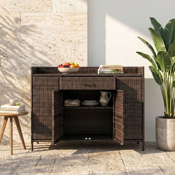 English Elm K&k Outdoor PE Rattan Bar Cabinet with Tempered Glass Top and Adjustable Storage Shelves Black+Brown N707P414781D
