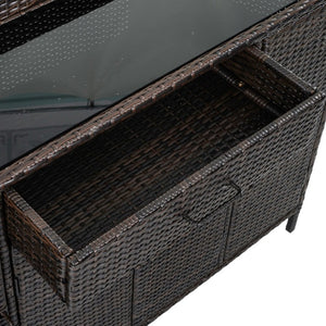 English Elm K&k Outdoor PE Rattan Bar Cabinet with Tempered Glass Top and Adjustable Storage Shelves Black+Brown N707P414781D