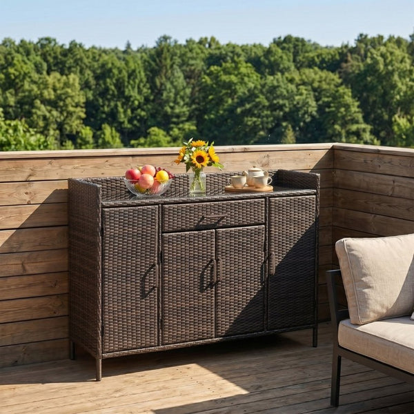 English Elm K&k Outdoor PE Rattan Bar Cabinet with Tempered Glass Top and Adjustable Storage Shelves Black+Brown N707P414781D