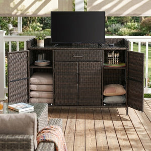 English Elm K&k Outdoor PE Rattan Bar Cabinet with Tempered Glass Top and Adjustable Storage Shelves Black+Brown N707P414781D