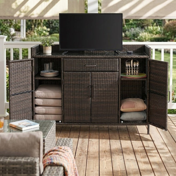 English Elm K&k Outdoor PE Rattan Bar Cabinet with Tempered Glass Top and Adjustable Storage Shelves Black+Brown N707P414781D