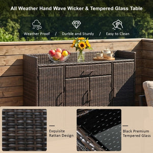 English Elm K&k Outdoor PE Rattan Bar Cabinet with Tempered Glass Top and Adjustable Storage Shelves Black+Brown N707P414781D