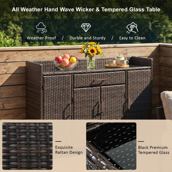 English Elm K&k Outdoor PE Rattan Bar Cabinet with Tempered Glass Top and Adjustable Storage Shelves Black+Brown N707P414781D