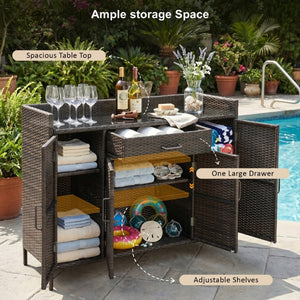 English Elm K&k Outdoor PE Rattan Bar Cabinet with Tempered Glass Top and Adjustable Storage Shelves Black+Brown N707P414781D