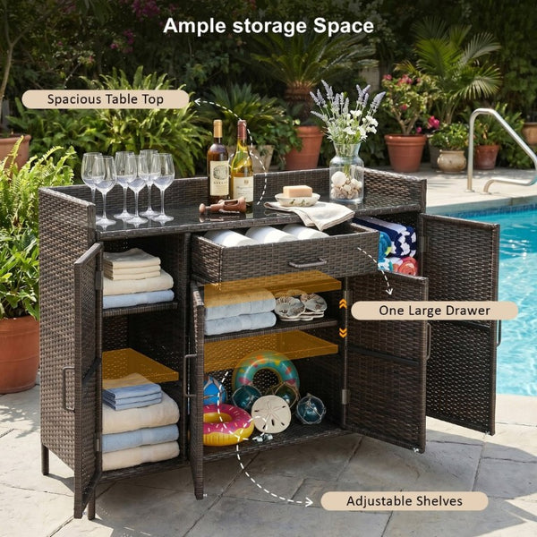 English Elm K&k Outdoor PE Rattan Bar Cabinet with Tempered Glass Top and Adjustable Storage Shelves Black+Brown N707P414781D