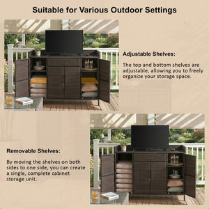 English Elm K&k Outdoor PE Rattan Bar Cabinet with Tempered Glass Top and Adjustable Storage Shelves Black+Brown N707P414781D
