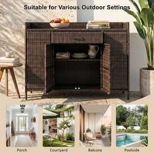 English Elm K&k Outdoor PE Rattan Bar Cabinet with Tempered Glass Top and Adjustable Storage Shelves Black+Brown N707P414781D