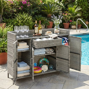 English Elm K&k Outdoor PE Rattan Bar Cabinet with Tempered Glass Top and Adjustable Storage Shelves Grey N707P414781G