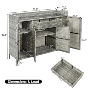 English Elm K&k Outdoor PE Rattan Bar Cabinet with Tempered Glass Top and Adjustable Storage Shelves Grey N707P414781G