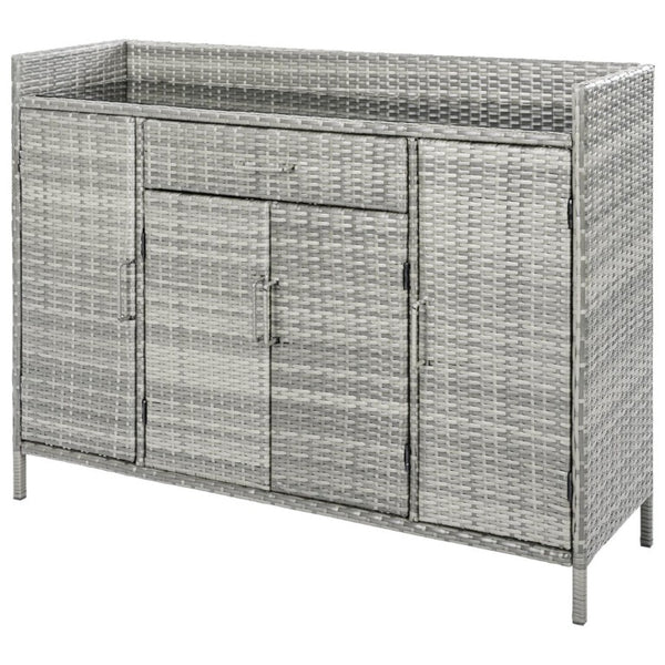 English Elm K&k Outdoor PE Rattan Bar Cabinet with Tempered Glass Top and Adjustable Storage Shelves Grey N707P414781G