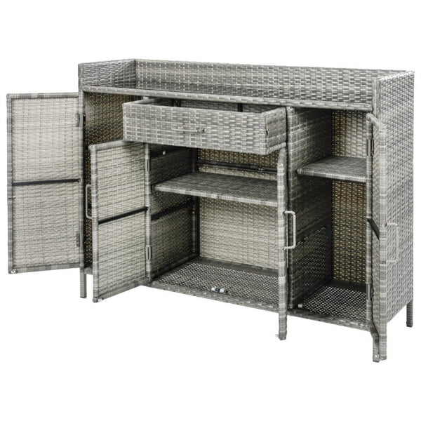 English Elm K&k Outdoor PE Rattan Bar Cabinet with Tempered Glass Top and Adjustable Storage Shelves Grey N707P414781G