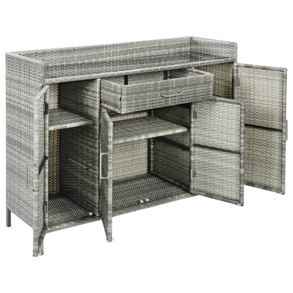 English Elm K&k Outdoor PE Rattan Bar Cabinet with Tempered Glass Top and Adjustable Storage Shelves Grey N707P414781G