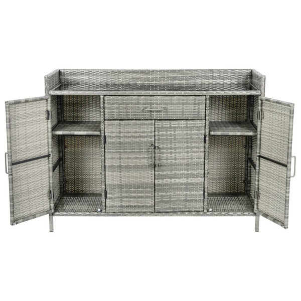 English Elm K&k Outdoor PE Rattan Bar Cabinet with Tempered Glass Top and Adjustable Storage Shelves Grey N707P414781G