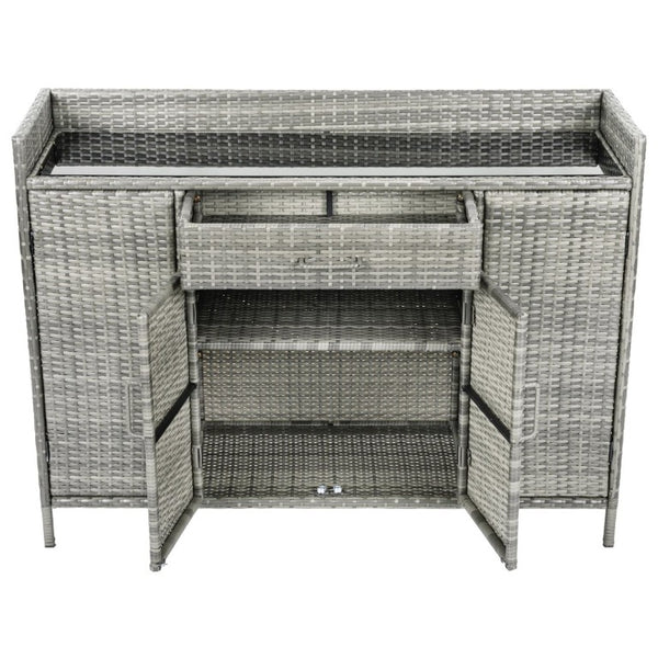 English Elm K&k Outdoor PE Rattan Bar Cabinet with Tempered Glass Top and Adjustable Storage Shelves Grey N707P414781G