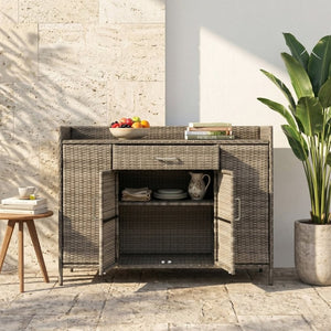 English Elm K&k Outdoor PE Rattan Bar Cabinet with Tempered Glass Top and Adjustable Storage Shelves Grey N707P414781G