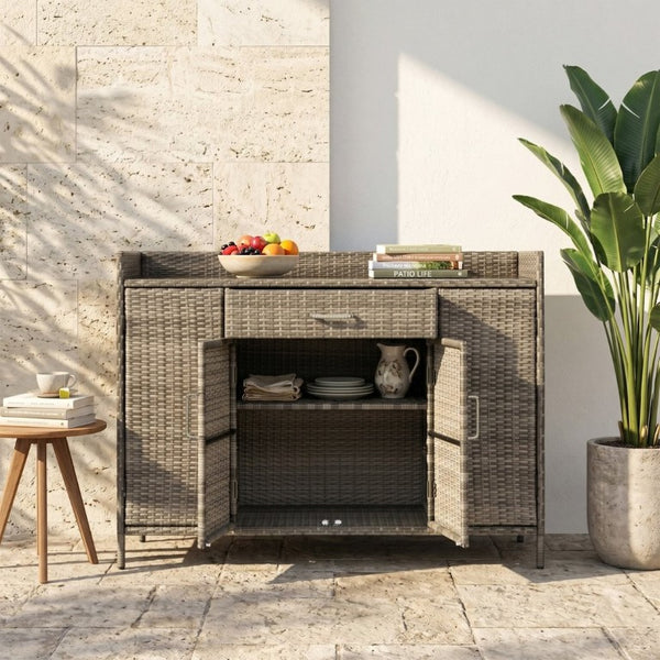 English Elm K&k Outdoor PE Rattan Bar Cabinet with Tempered Glass Top and Adjustable Storage Shelves Grey N707P414781G
