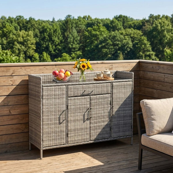 English Elm K&k Outdoor PE Rattan Bar Cabinet with Tempered Glass Top and Adjustable Storage Shelves Grey N707P414781G