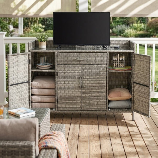 English Elm K&k Outdoor PE Rattan Bar Cabinet with Tempered Glass Top and Adjustable Storage Shelves Grey N707P414781G
