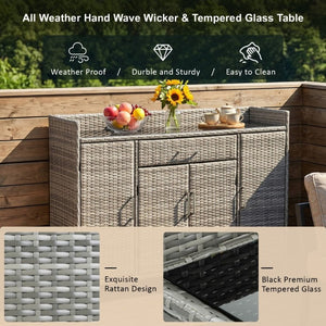 English Elm K&k Outdoor PE Rattan Bar Cabinet with Tempered Glass Top and Adjustable Storage Shelves Grey N707P414781G