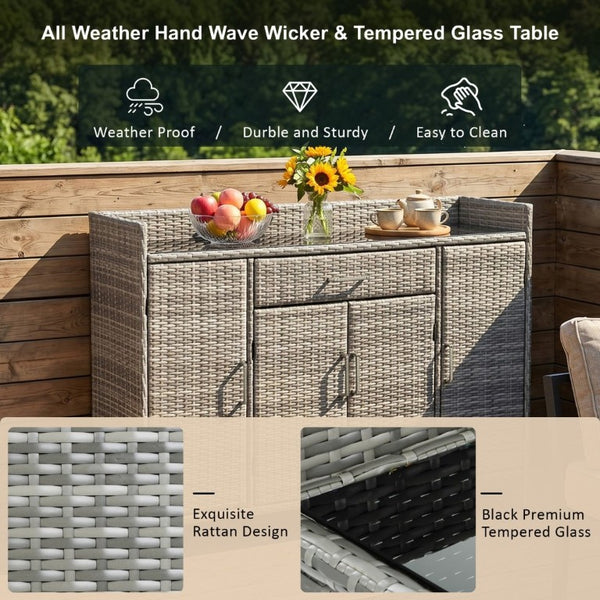 English Elm K&k Outdoor PE Rattan Bar Cabinet with Tempered Glass Top and Adjustable Storage Shelves Grey N707P414781G